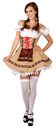 Sexy Kort Licht Bruin Dirndl Tirolermeisje Vrouw Kostuum