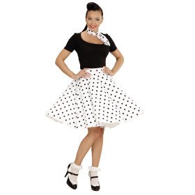 50s Rock And Roll Rok Met Nekband, Wit Black Dotty Vrouw Kostuum