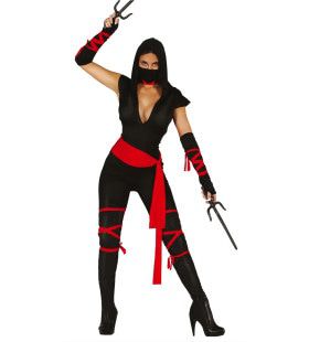 Sexy Flitsende Rood Zwarte Ninja Vrouw Kostuum