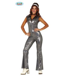 Zilveren Disco Dancing Jumpsuit Vrouw Kostuum