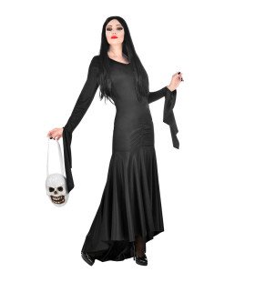 Lang Zwart Fladderend Morticia Addams Family Vrouw Kostuum